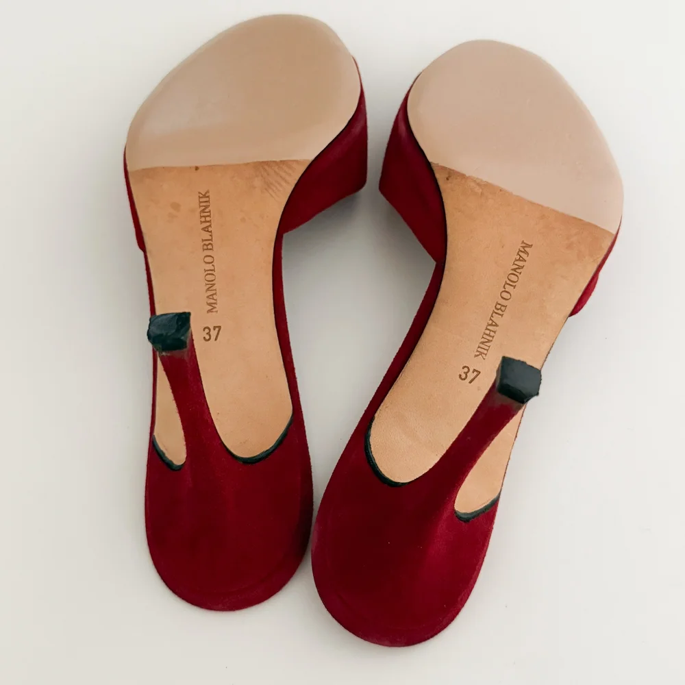 MANOLO BLAHNIK レッドミュール 36 Maysale 70 leather-trimmed raffia mules in red - Manolo